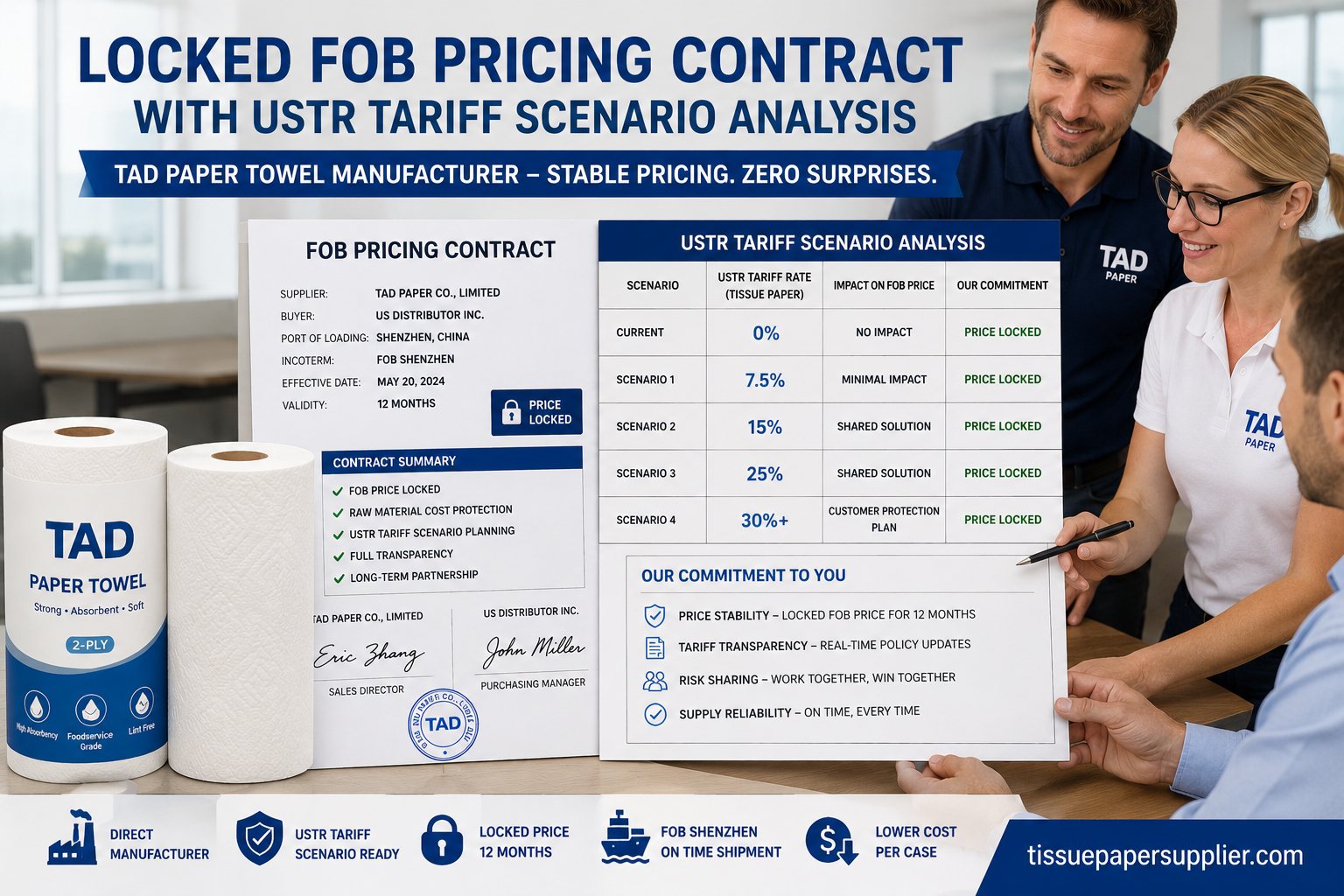 TAD paper towel manufacturer locked FOB pricing contract with USTR tariff scenario analysis