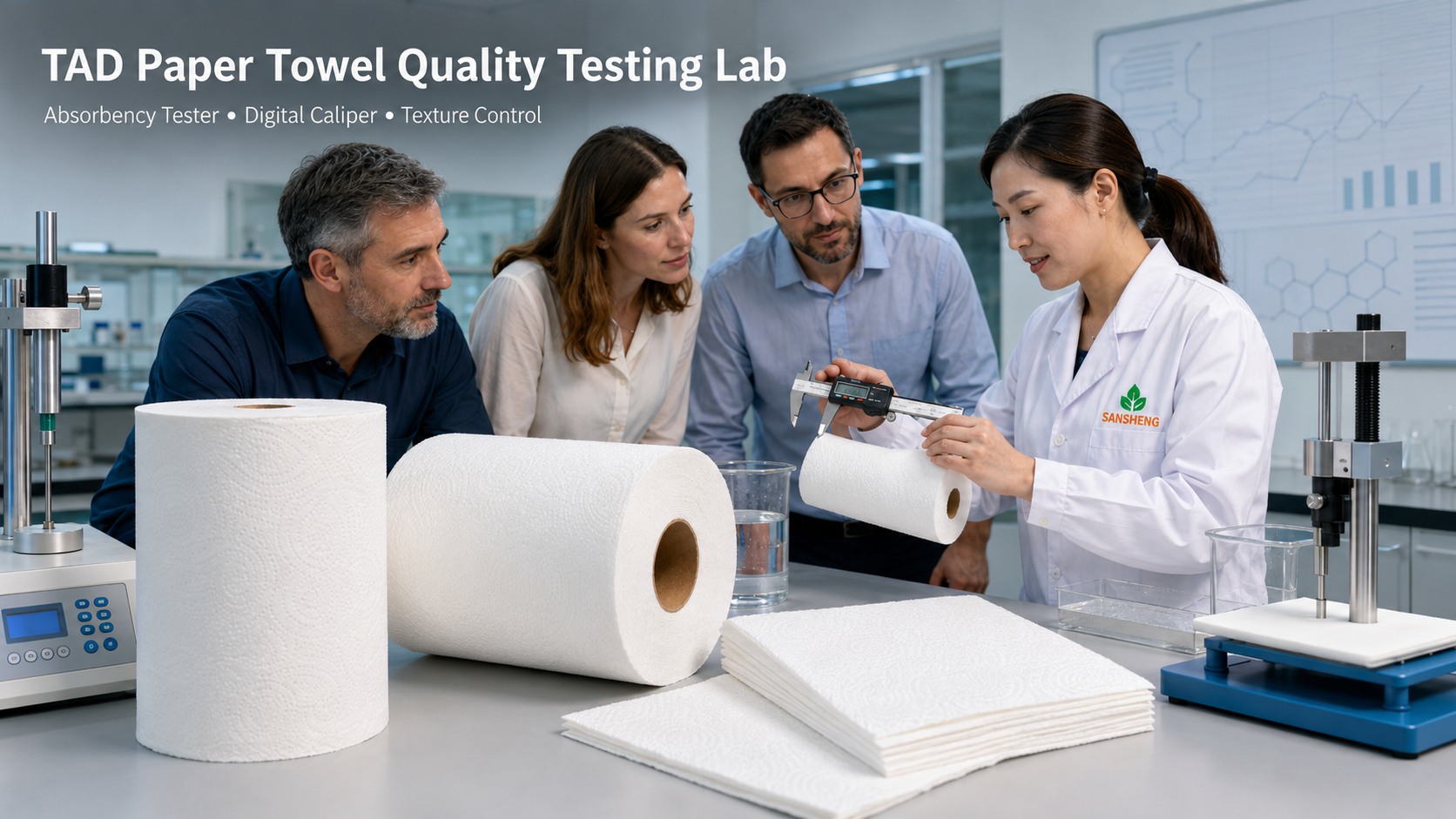 TAD paper towel manufacturer quality testing lab with absorbency tester and digital caliper