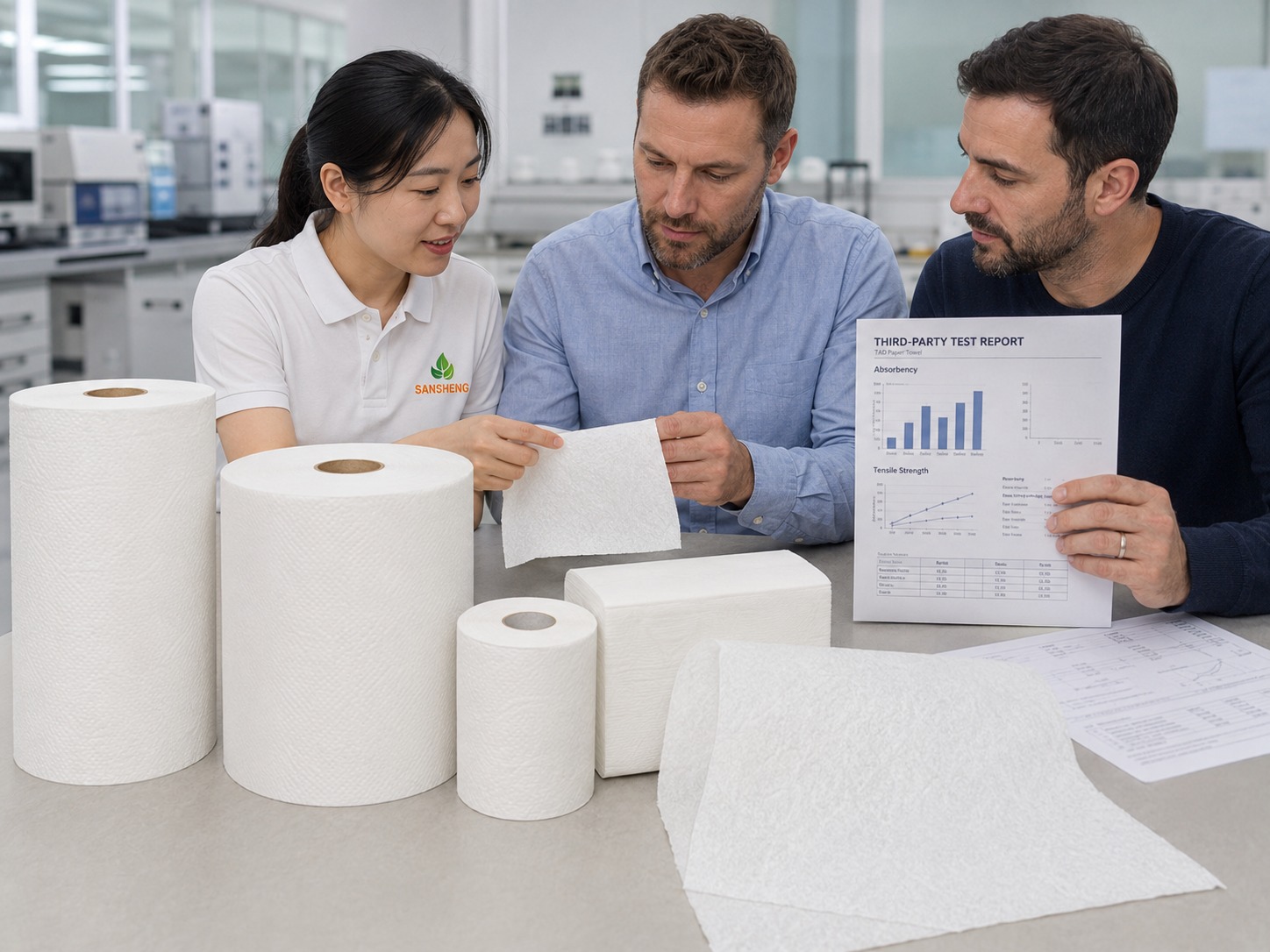 TAD paper towel manufacturer SGS third party lab report with absorbency and tensile test data