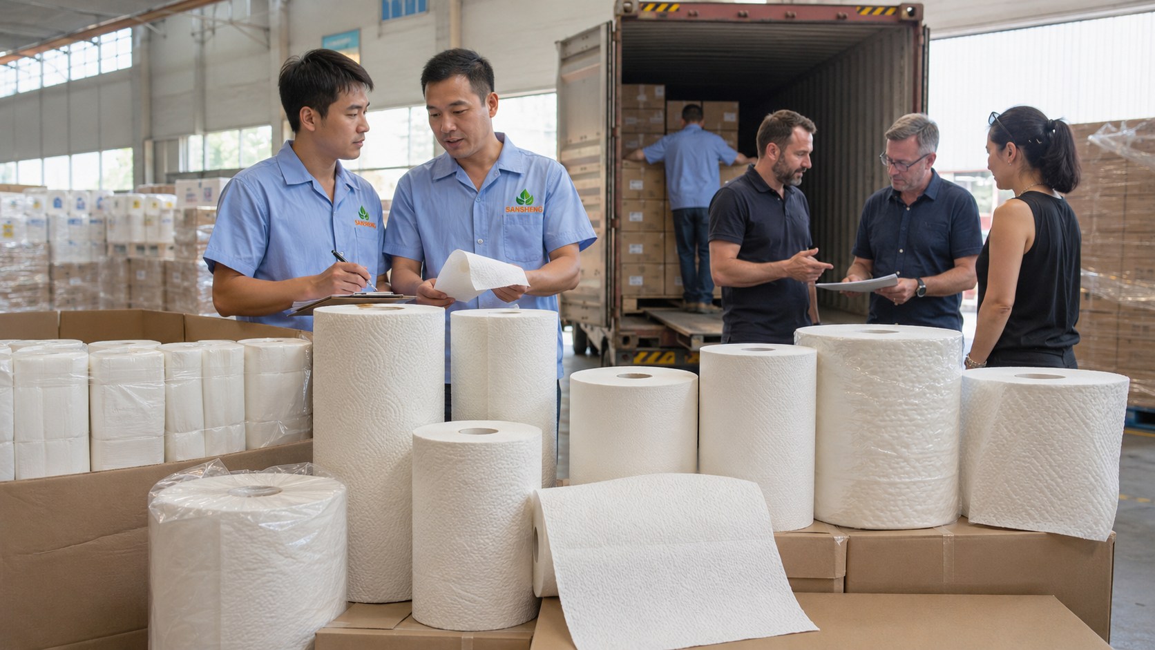 TAD paper towel supplier 40HQ container loaded with premium hand towel rolls for US foodservice distributor
