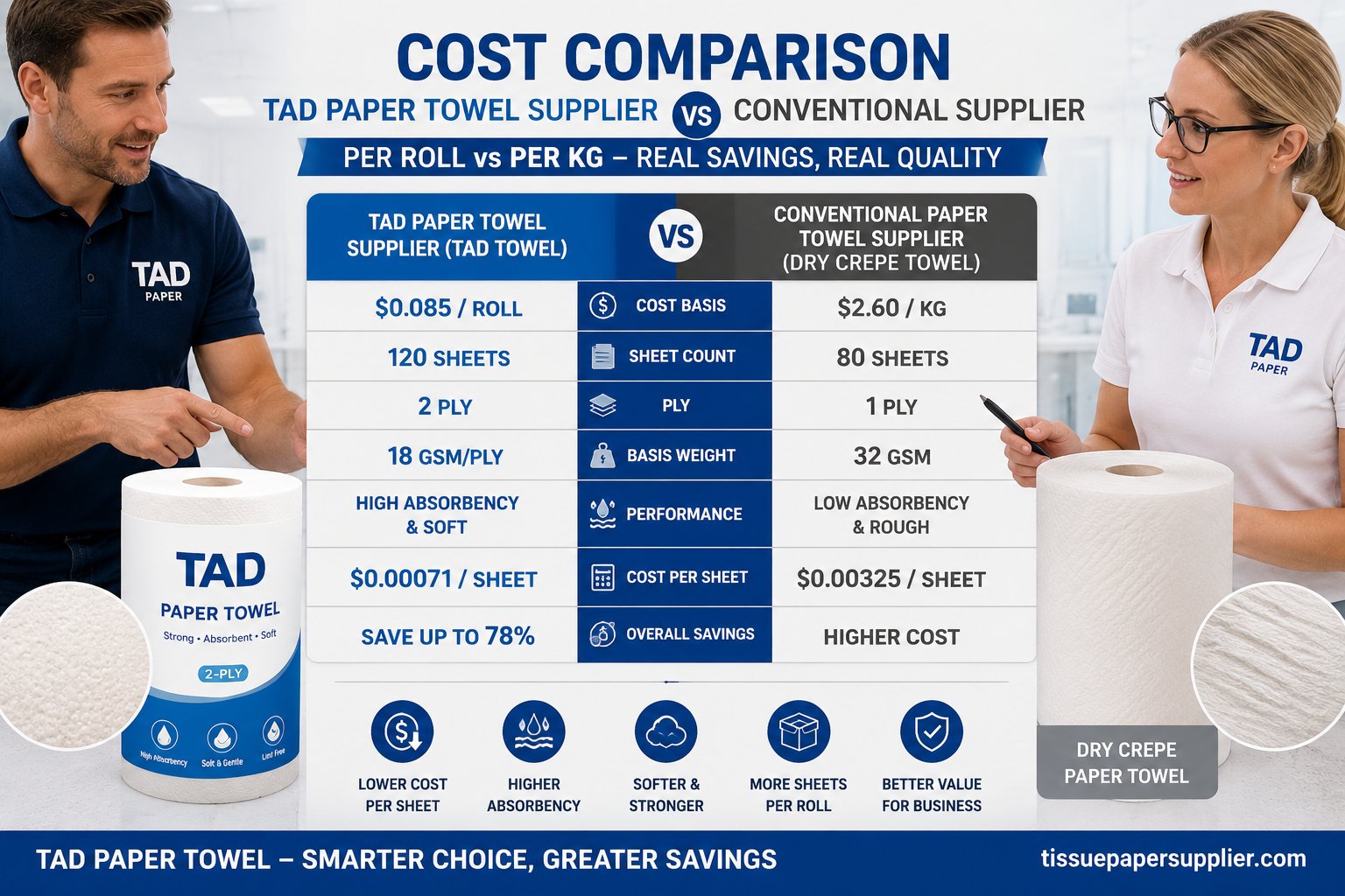 TAD paper towel supplier cost per roll versus conventional paper towel supplier per kg comparison chart