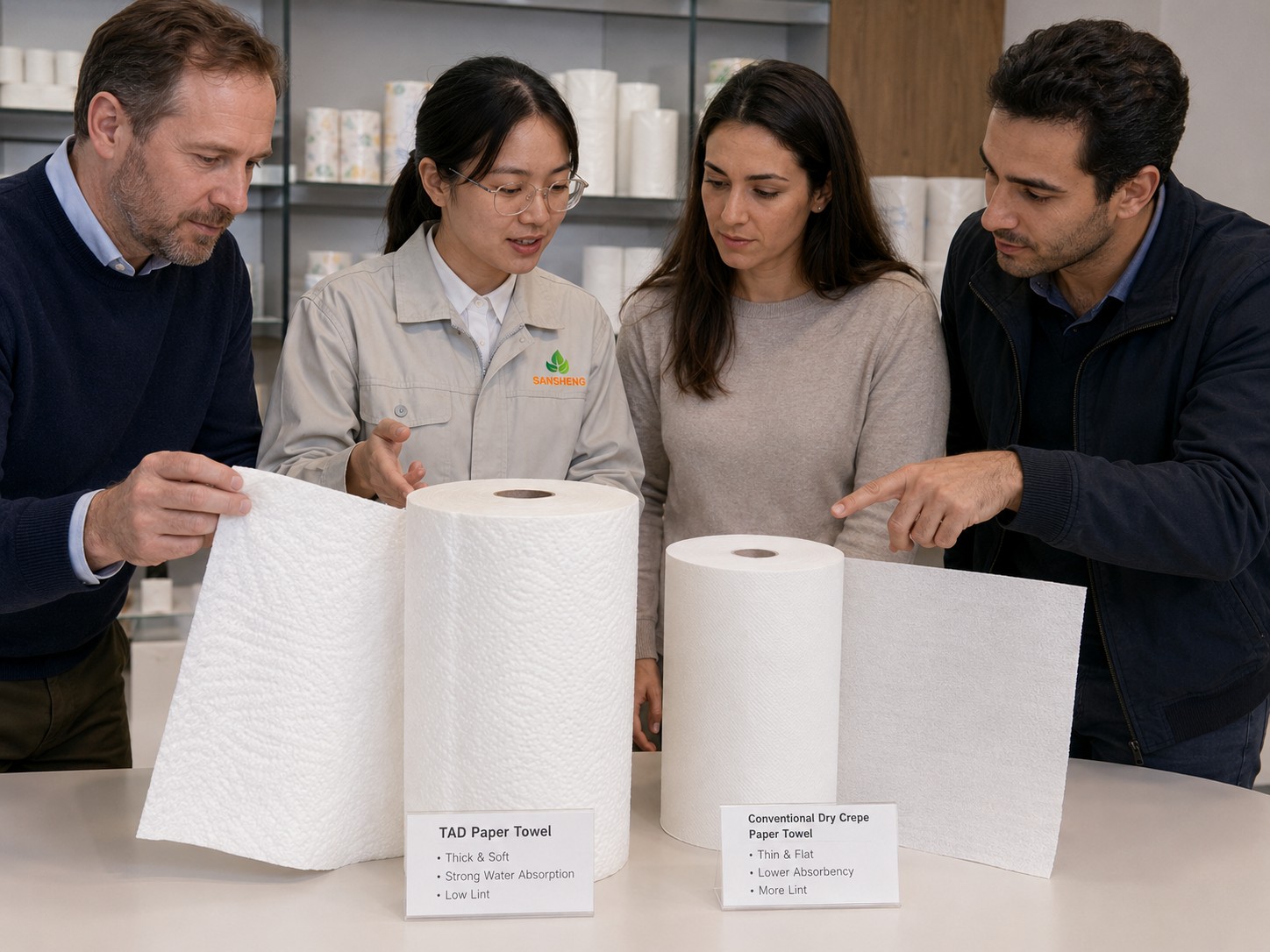 TAD paper towel supplier rolls compared side by side with conventional dry crepe paper towel
