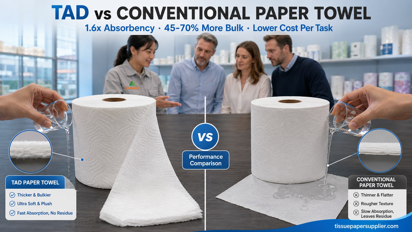 TAD paper towel supplier vs conventional paper towel comparison with absorbency and cost-per-task data