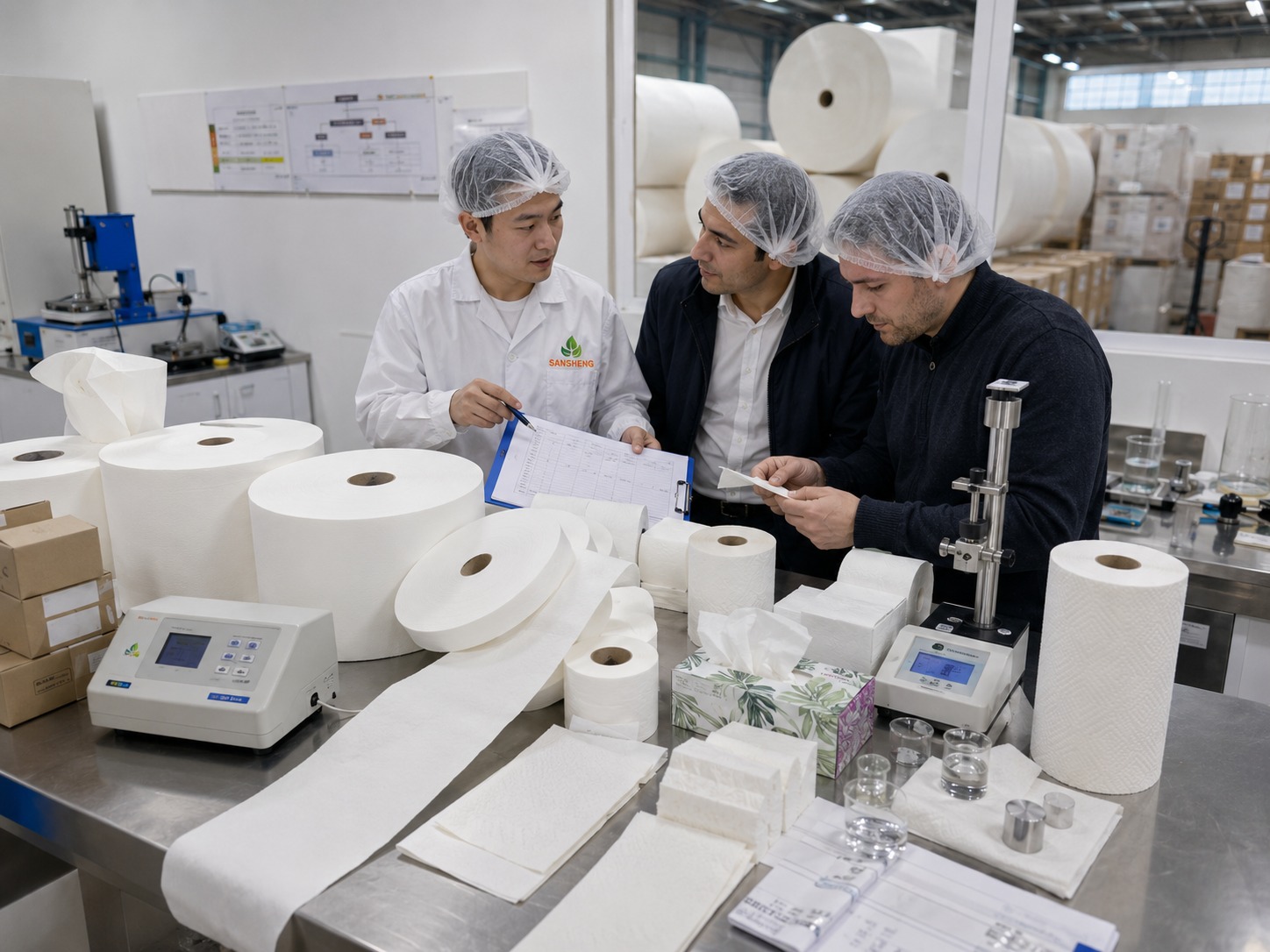 tissue mother rolls supplier quality control lab testing for GSM moisture tensile strength absorbency winding quality and roll edge condition