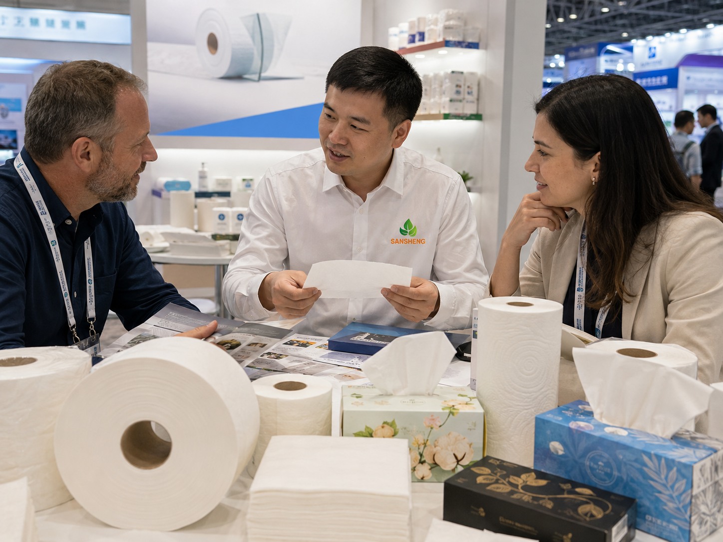 Tissue paper buyer meeting at exhibition with Sansheng Paper