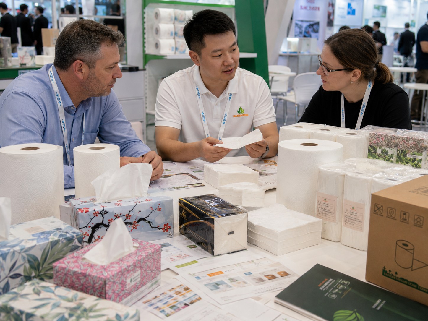 OEM tissue paper packaging discussion at exhibition