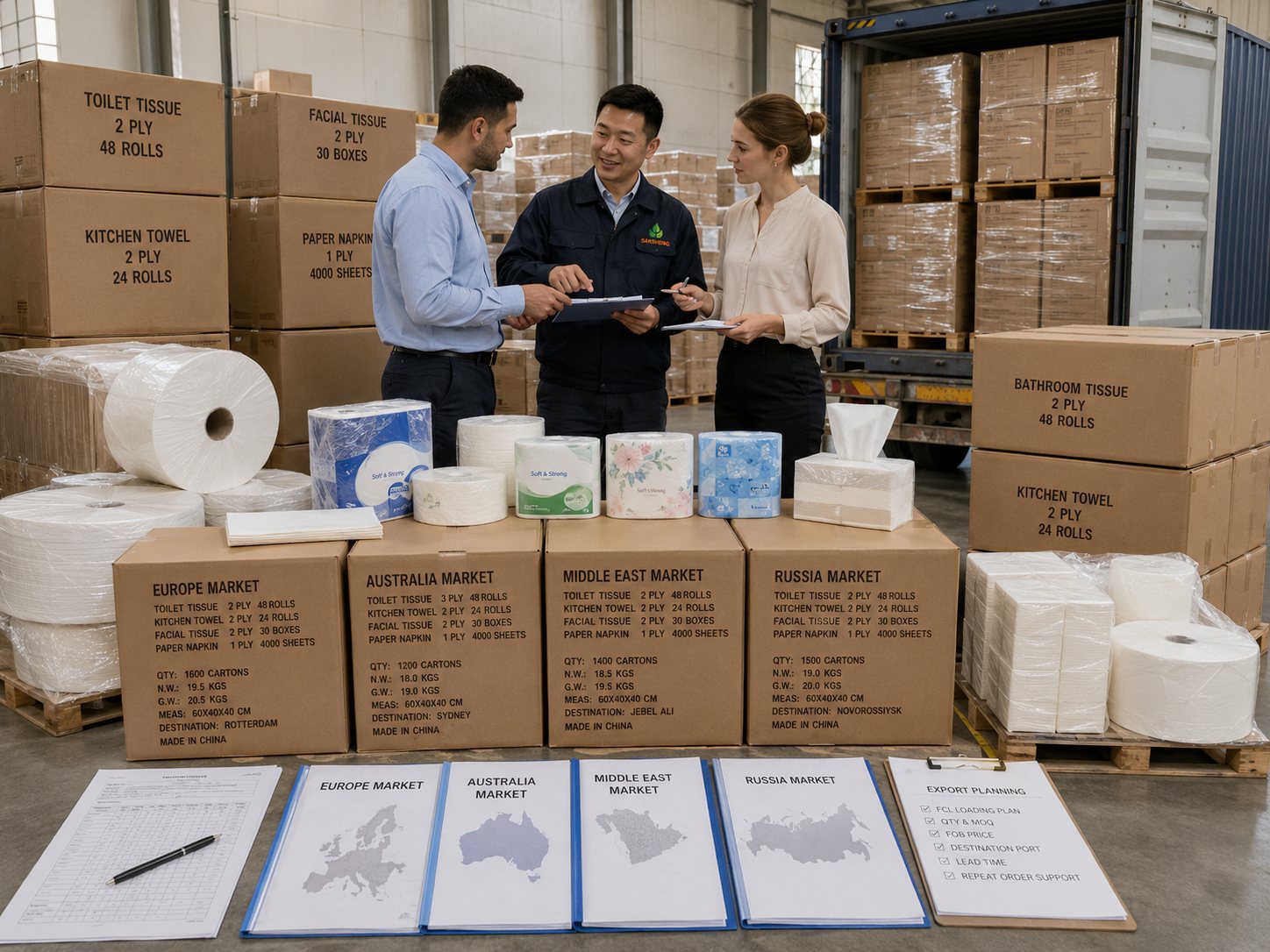 tissue supply by market export packing support for bulk orders FCL loading MOQ FOB price loading quantity and lead time