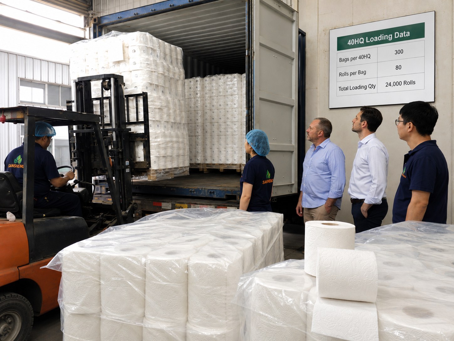 Toilet paper manufacturer 40HQ container loading after Canton Fair
