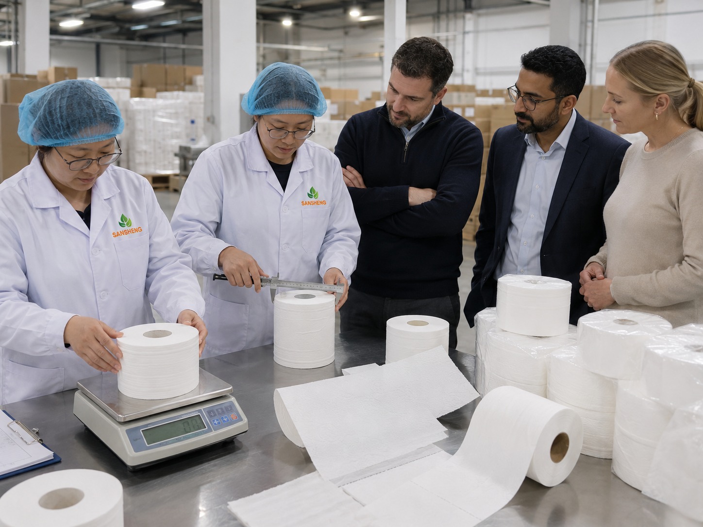 Toilet paper quality control inspection for roll weight diameter embossing perforation and carton strength