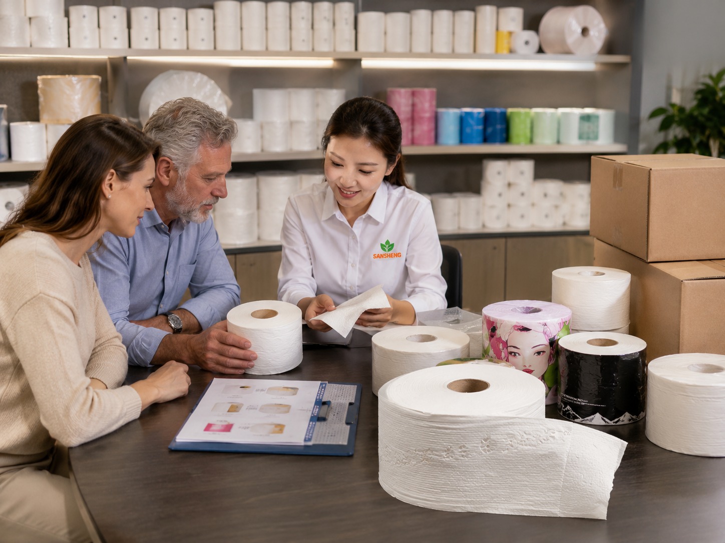 Bulk toilet paper supplier discussing OEM toilet paper packaging and wholesale export supply with overseas buyers
