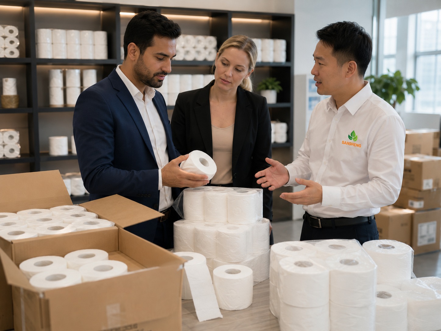 Toilet paper distributor reviewing wholesale toilet paper bundles and carton packing
