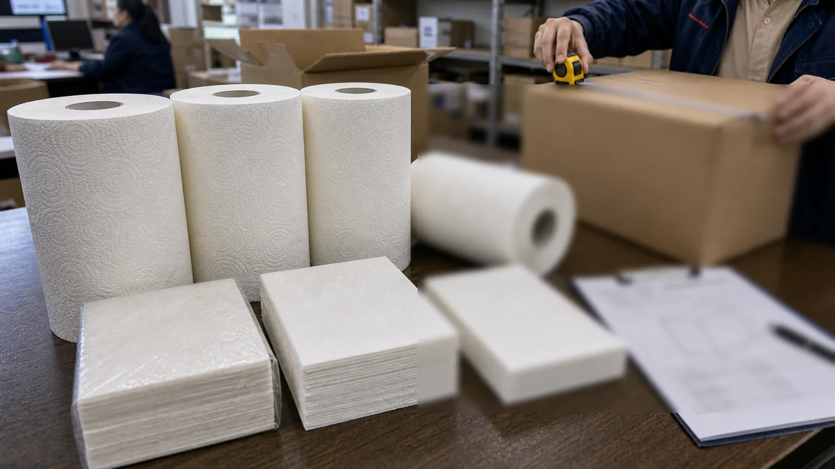 TAD paper towel cartons 40HQ product sample close-up for buyer inspection
