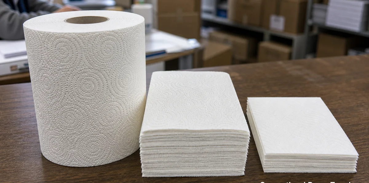 TAD paper towel and conventional paper towel product sample close-up for buyer inspection