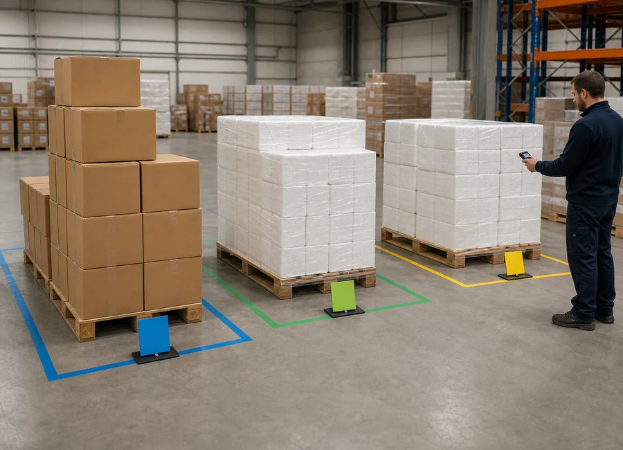 Packed airlaid napkin batches separated in a warehouse