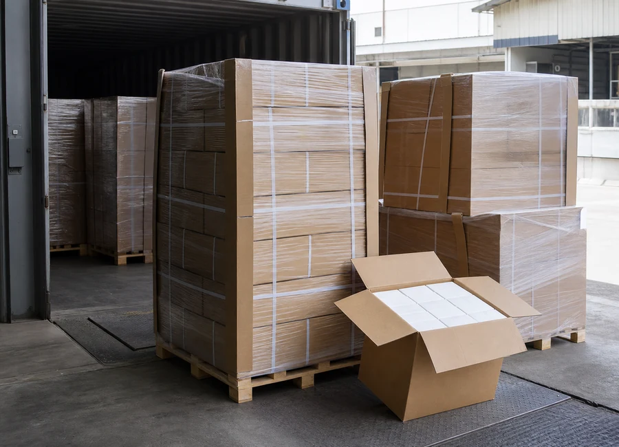Airlaid napkin export pallets staged for container loading