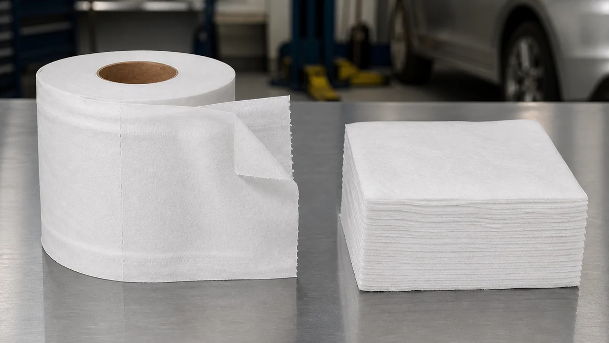Paper shop towels and industrial wipes compared in an automotive bay