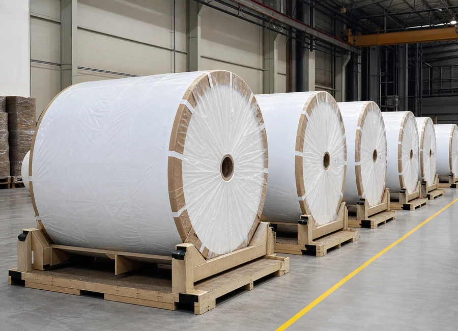 Protected airlaid paper rolls in a factory warehouse