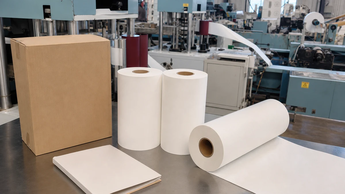 Sansheng examination paper roll samples with factory converting equipment in the background