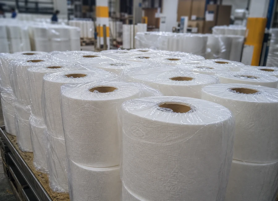Wrapped tissue rolls separated by batch in a working warehouse