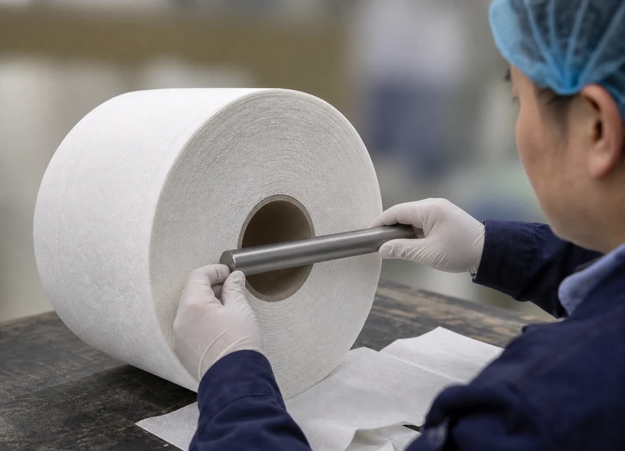 Gloved technician measuring TAD roll width, diameter and core
