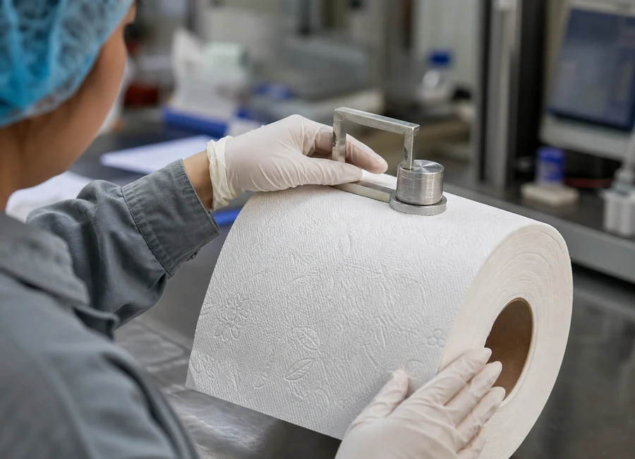 Gloved QC worker testing embossed TAD tissue with blurred instruments