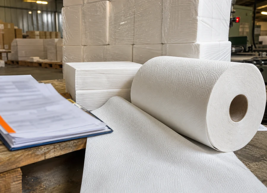 Unreadable shipment papers beside wrapped tissue cartons and rolls