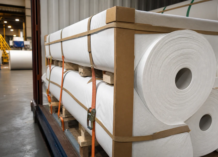 TAD parent rolls secured for container loading with edge protection