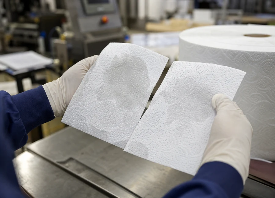 Gloved hands comparing visible water uptake on embossed TAD towel sheets