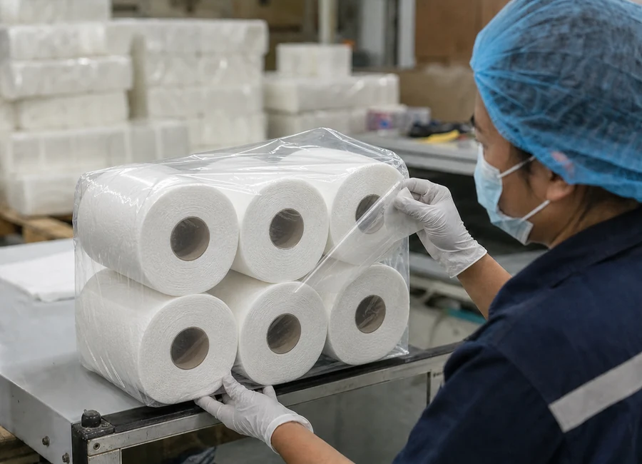 Worker in hair cover and gloves inspecting private-label towel packing