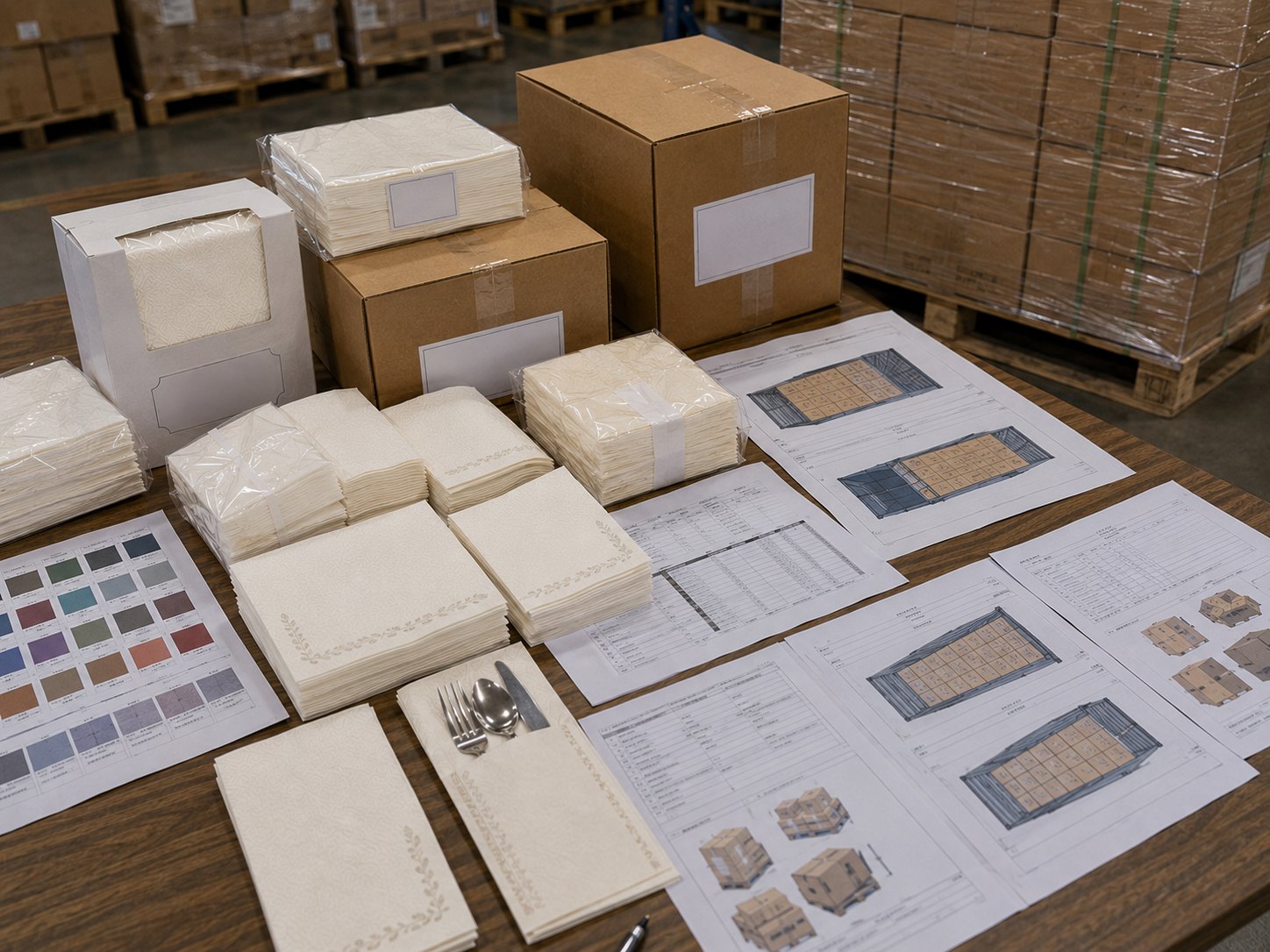 Airlaid napkins bulk container loading plan with export cartons pallet option carton count SKU mix and 40HQ support