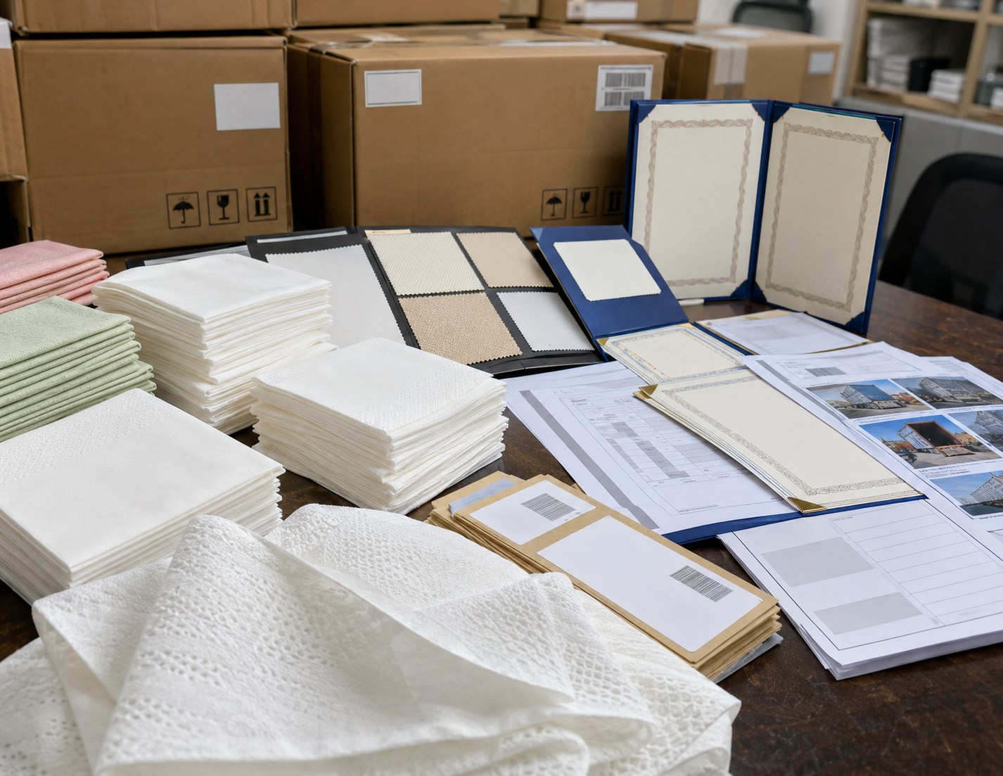 Airlaid napkins bulk document support with material review printing confirmation packing records export documents and loading proof