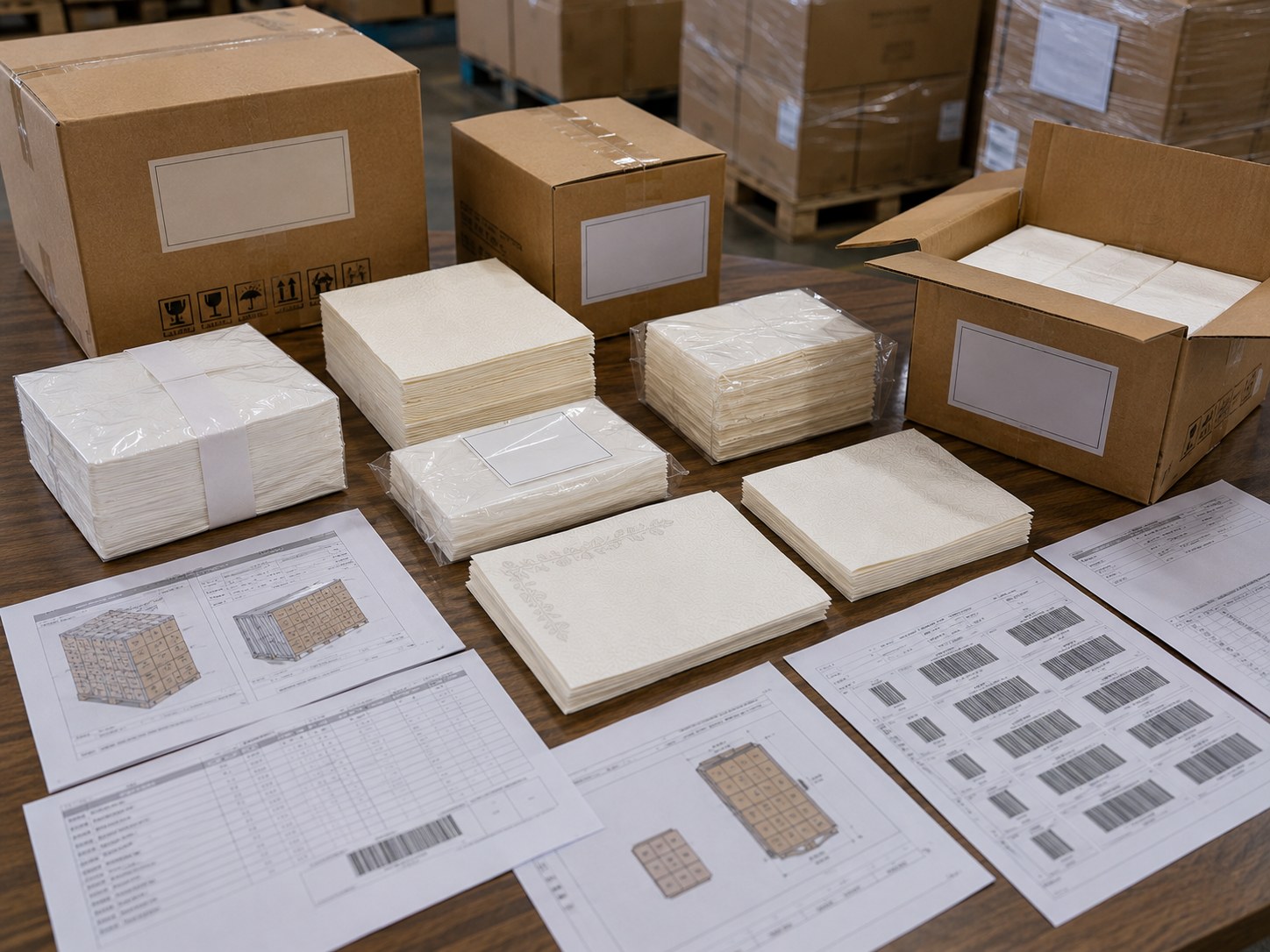 Airlaid napkins bulk export carton plan with carton size carton mark barcode area pallet option and 40HQ loading support