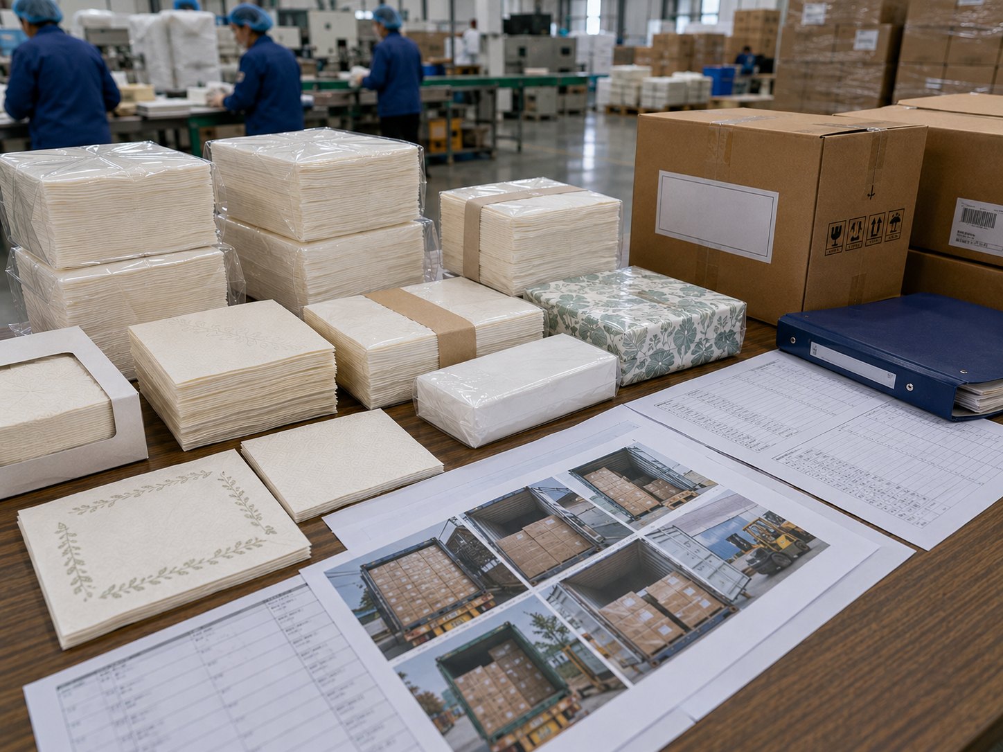 Airlaid napkins bulk factory proof with production samples QC records packing cartons and loading support