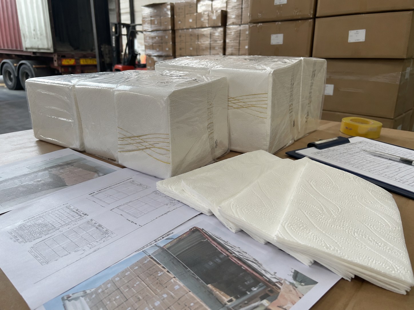 Airlaid napkins bulk loading proof with export cartons pallet review loading photos and shipment preparation