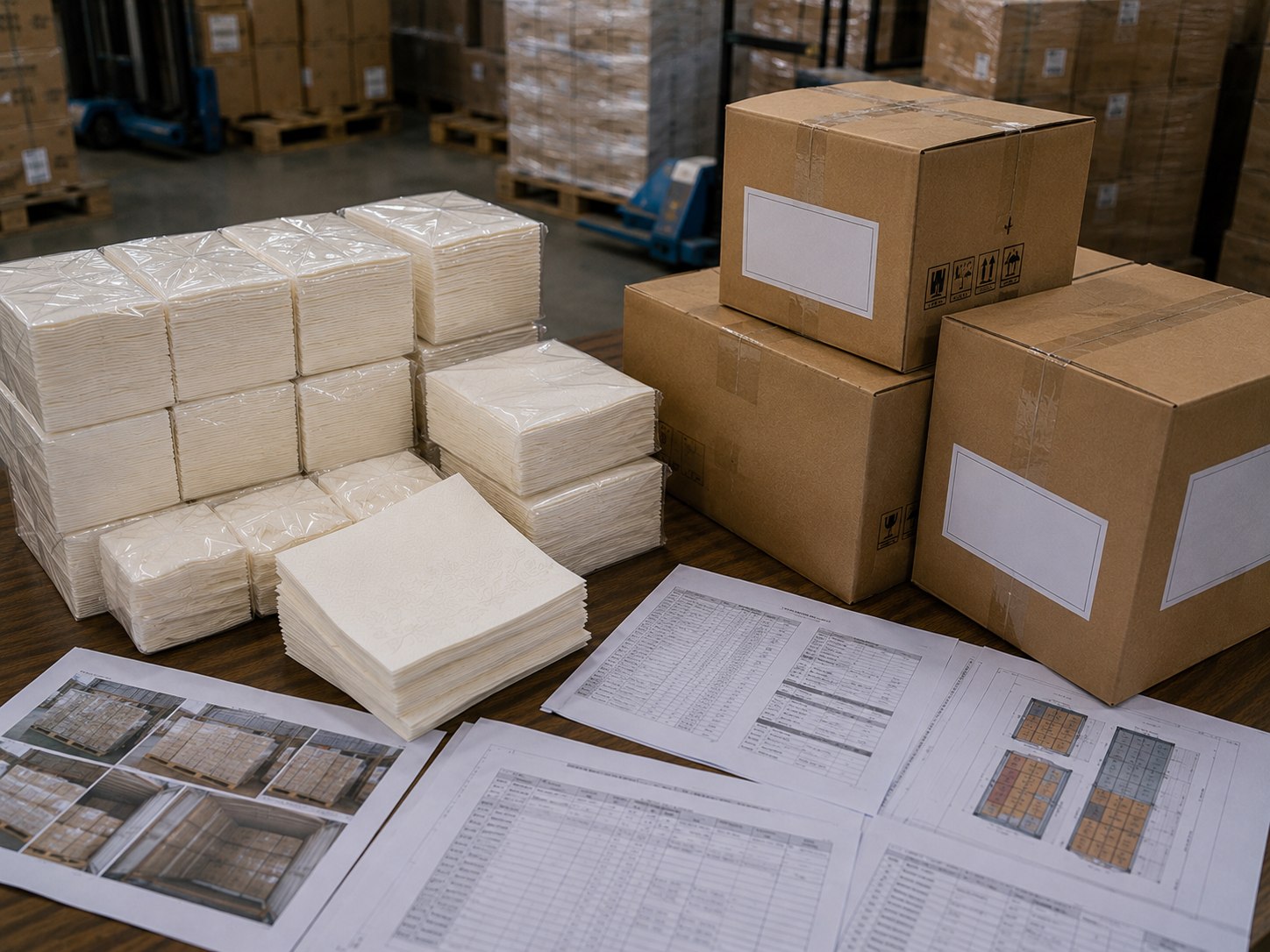 Airlaid napkins bulk loading support with export cartons warehouse preparation loading photos and shipment review