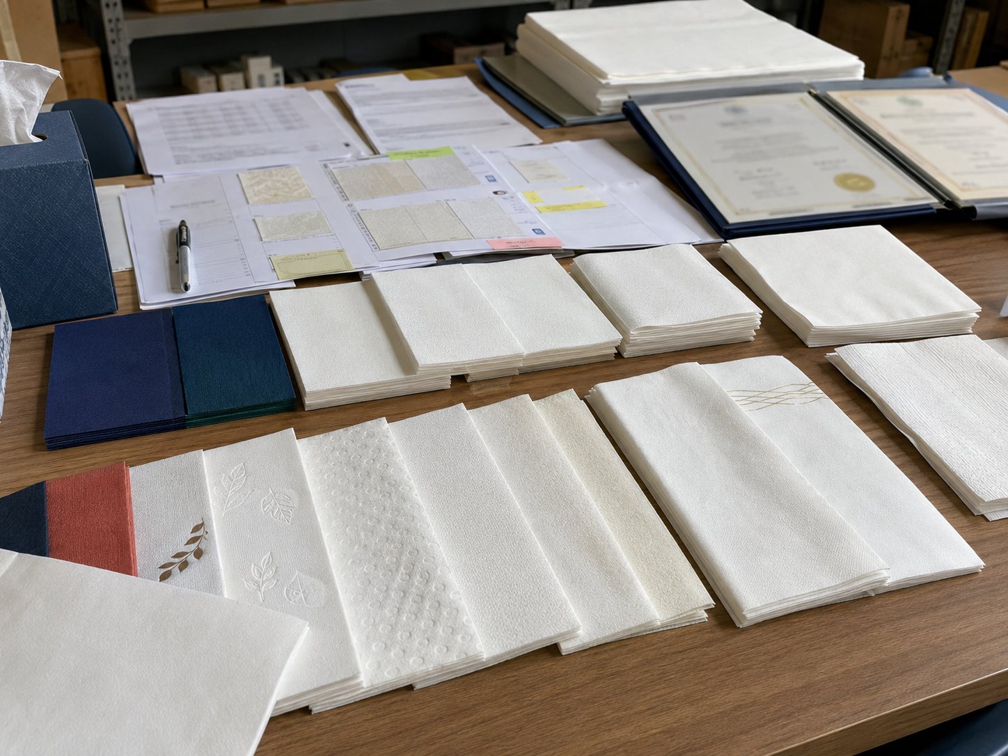 Airlaid napkins bulk material review documents with GSM size fold color texture and specification check