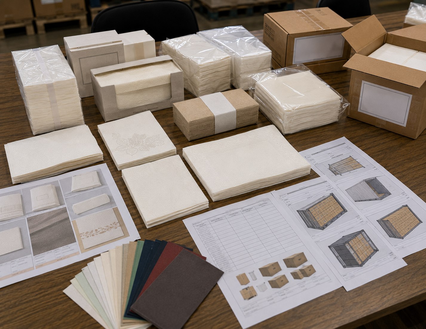 Airlaid napkins bulk OEM packing plan with logo printing private label packing carton mark barcode area and 40HQ export support