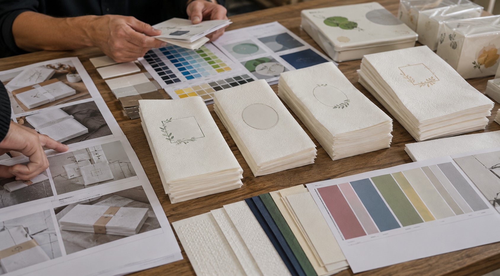 Airlaid napkins bulk printing and OEM guide with logo mockups without readable text and private label samples