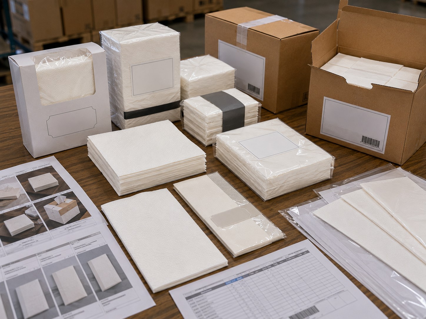 Airlaid napkins bulk private label packing with retail pack bulk pack clear bag band wrap and packing mockups
