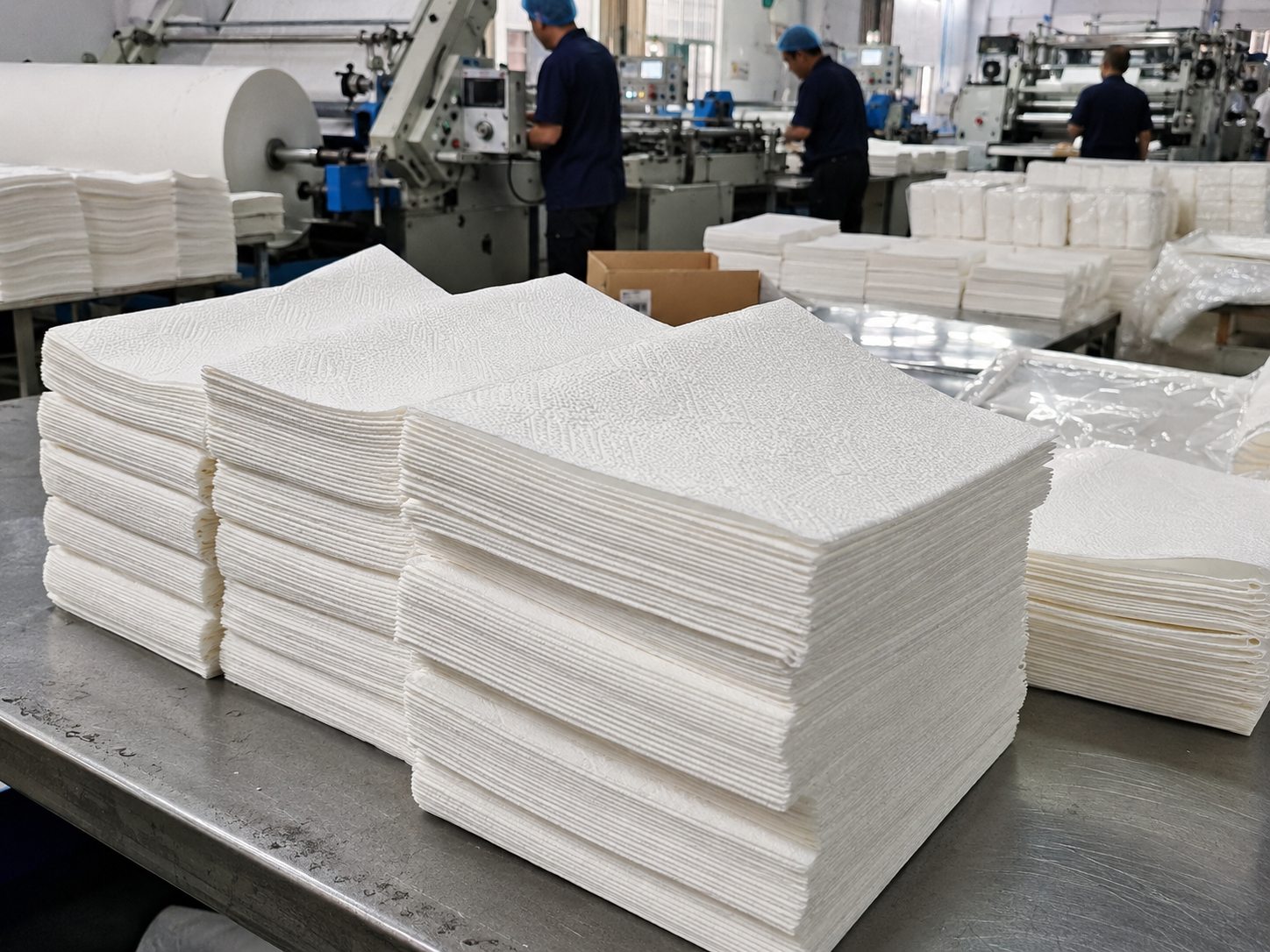 Airlaid napkins bulk production proof with converting folding embossing cutting and packing workflow