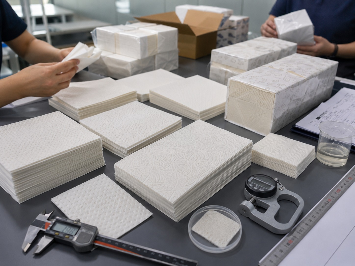 Airlaid napkins bulk QC proof with GSM size fold absorbency printing packing and carton inspection