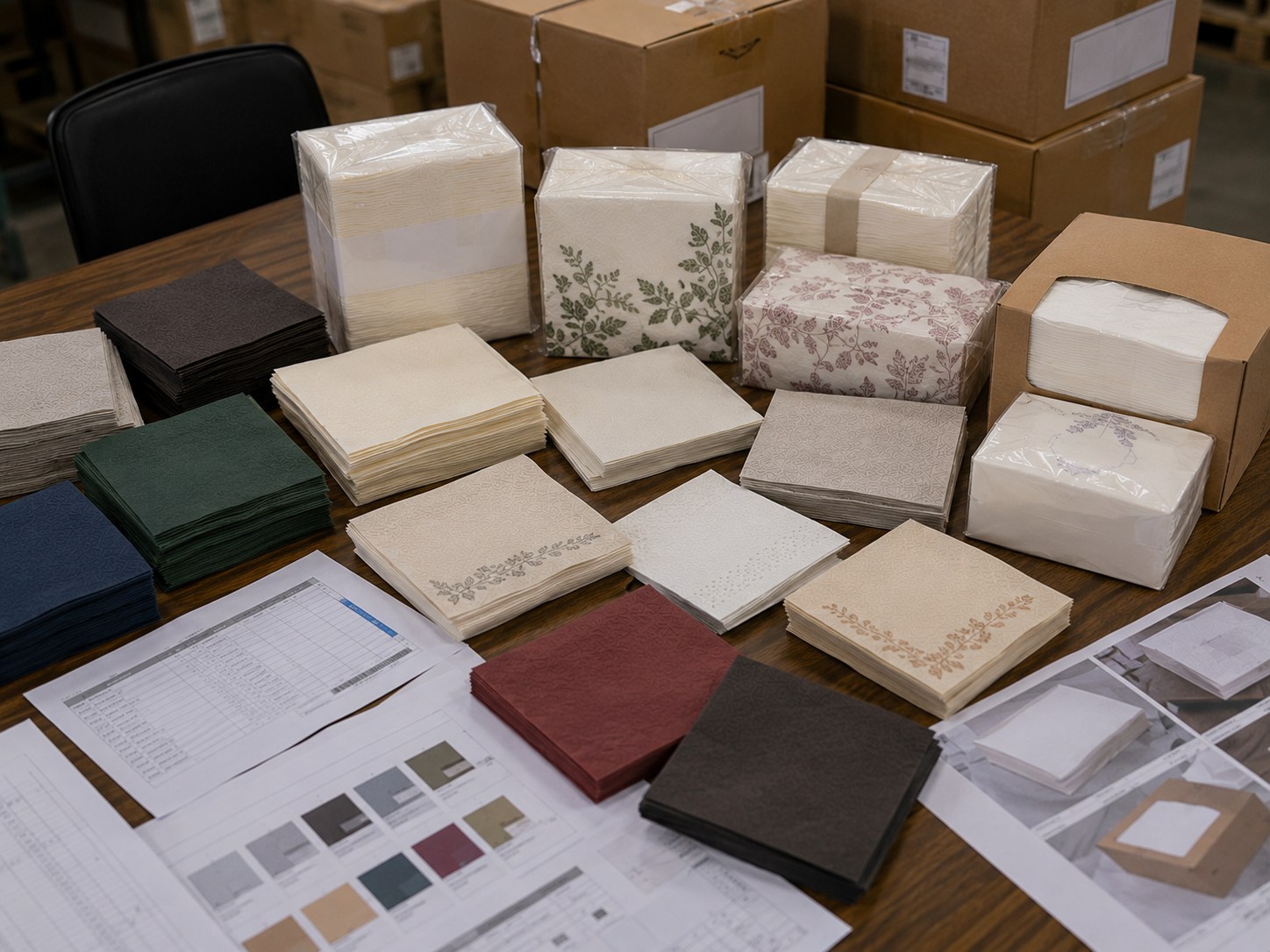 Airlaid napkins bulk SKU mix planning with multiple colors sizes folds and printed napkin options
