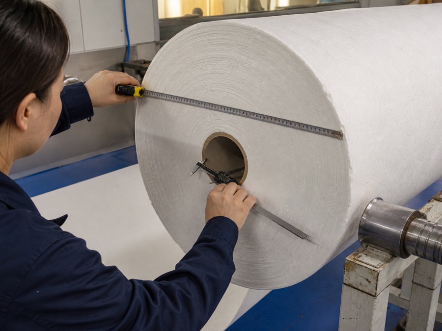 Airlaid jumbo roll measured for width, diameter and core