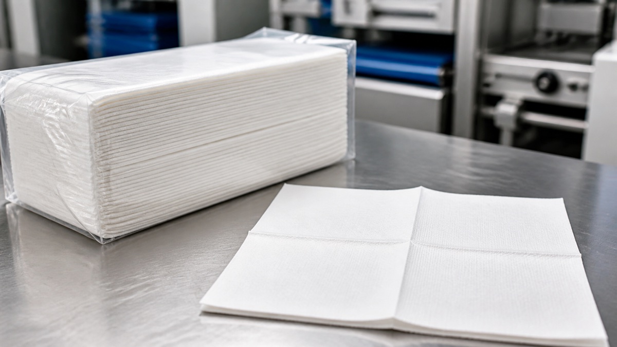 airlaid napkin manufacturer — white airlaid dinner napkins compressed in a clear unbranded retail pack beside a loose recovered napkin on a stainless inspection