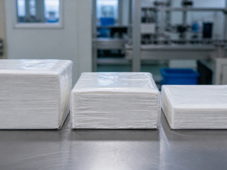 airlaid napkin manufacturer — three unbranded airlaid napkin packs arranged under light medium and heavy compression with visible but realistic fold