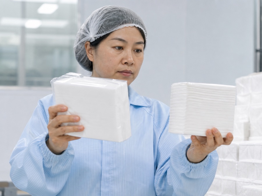 airlaid napkin manufacturer — Chinese adult quality inspector in hairnet and clean workwear comparing a sealed napkin pack with a labeled-free retained
