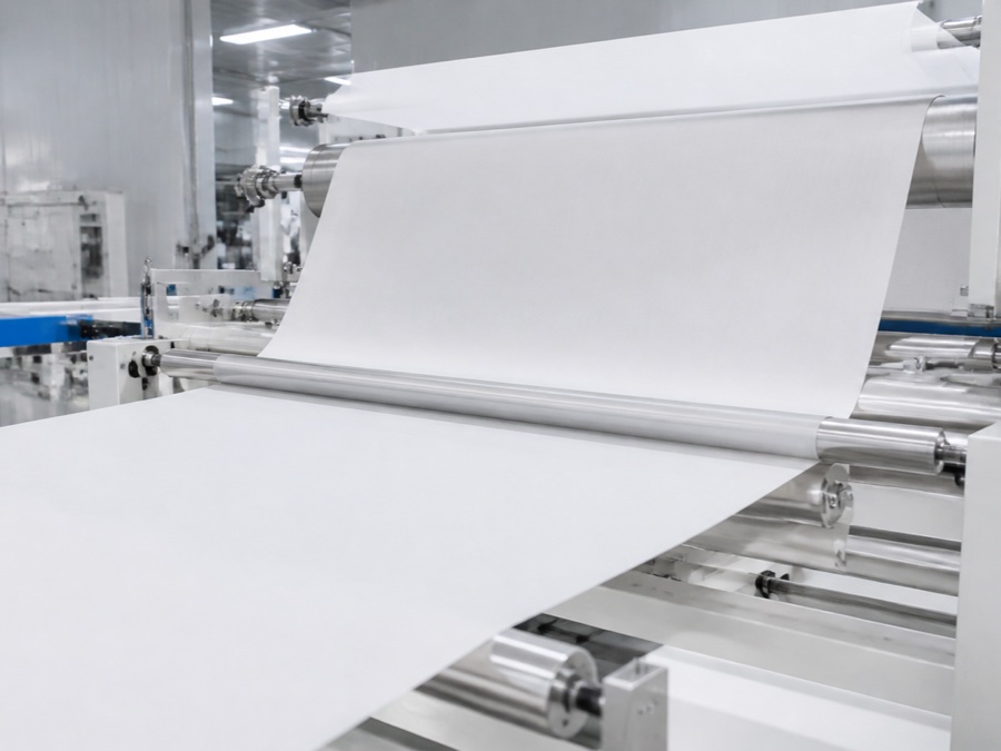 airlaid paper supplier — clean converting line showing web guides and a white airlaid sheet tracking through rollers without