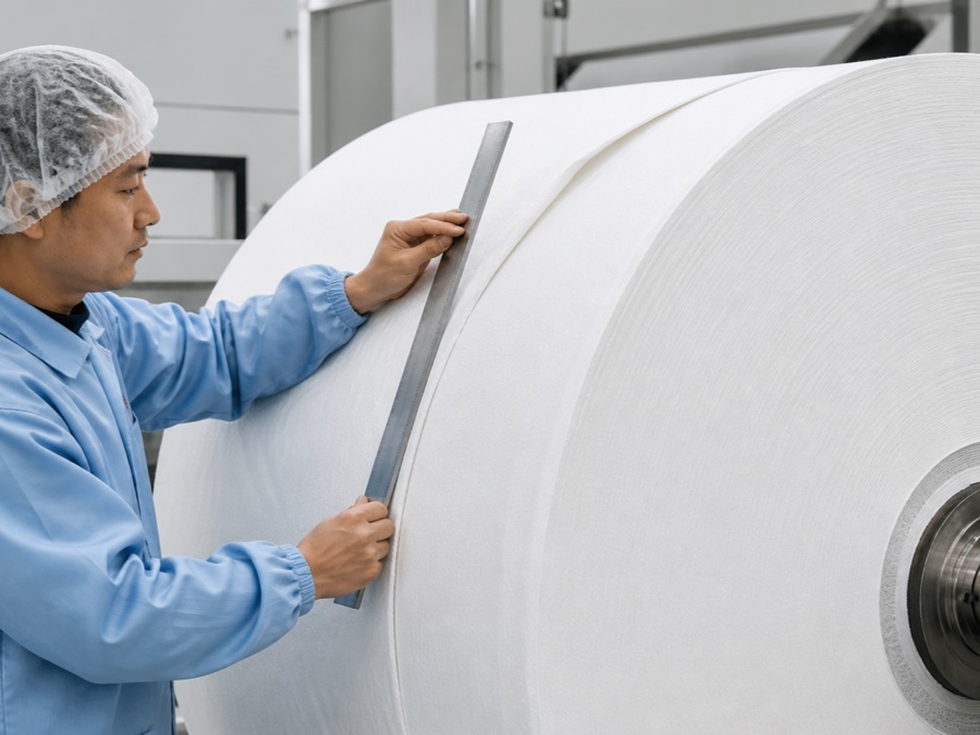 airlaid paper supplier — Chinese adult technician in hairnet checking roll edge condition with a straightedge at a converting