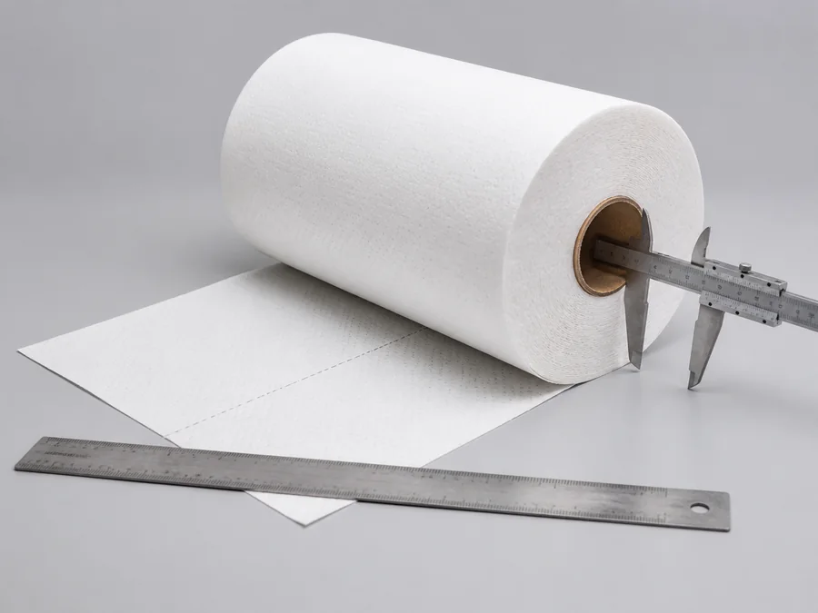 White perforated automotive wipe roll with visible core, caliper and ruler for dimension checks