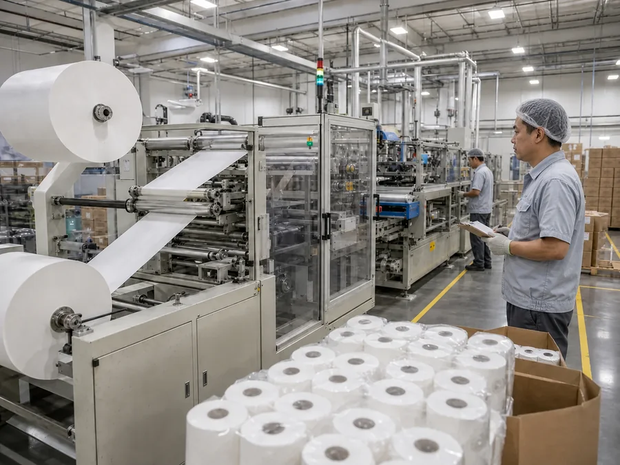 Two Chinese factory workers inspecting a used nonwoven wipe converting and packing line